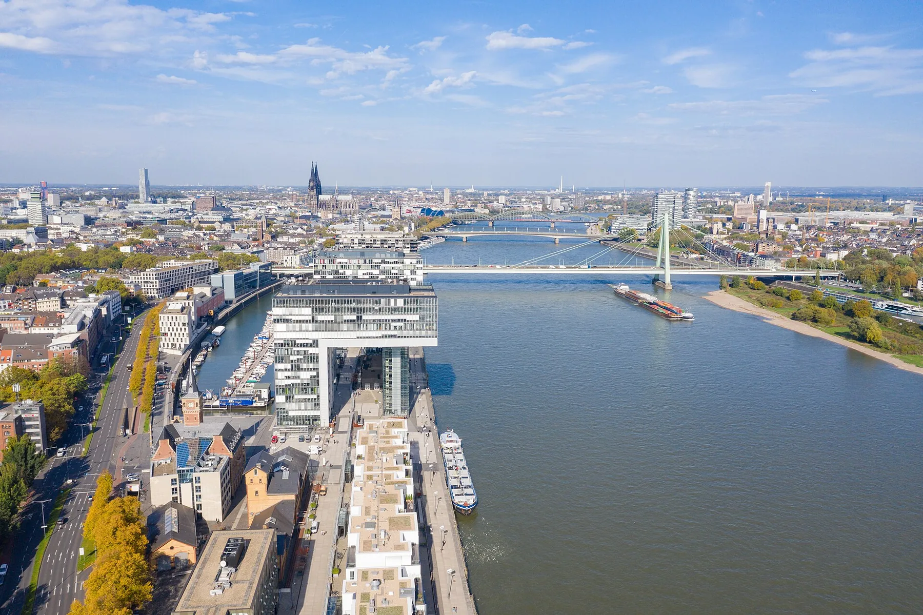 Aerial view of the old harbour Rheinauhafen and the Rhine in Cologne, Germany (48988333082).jpg