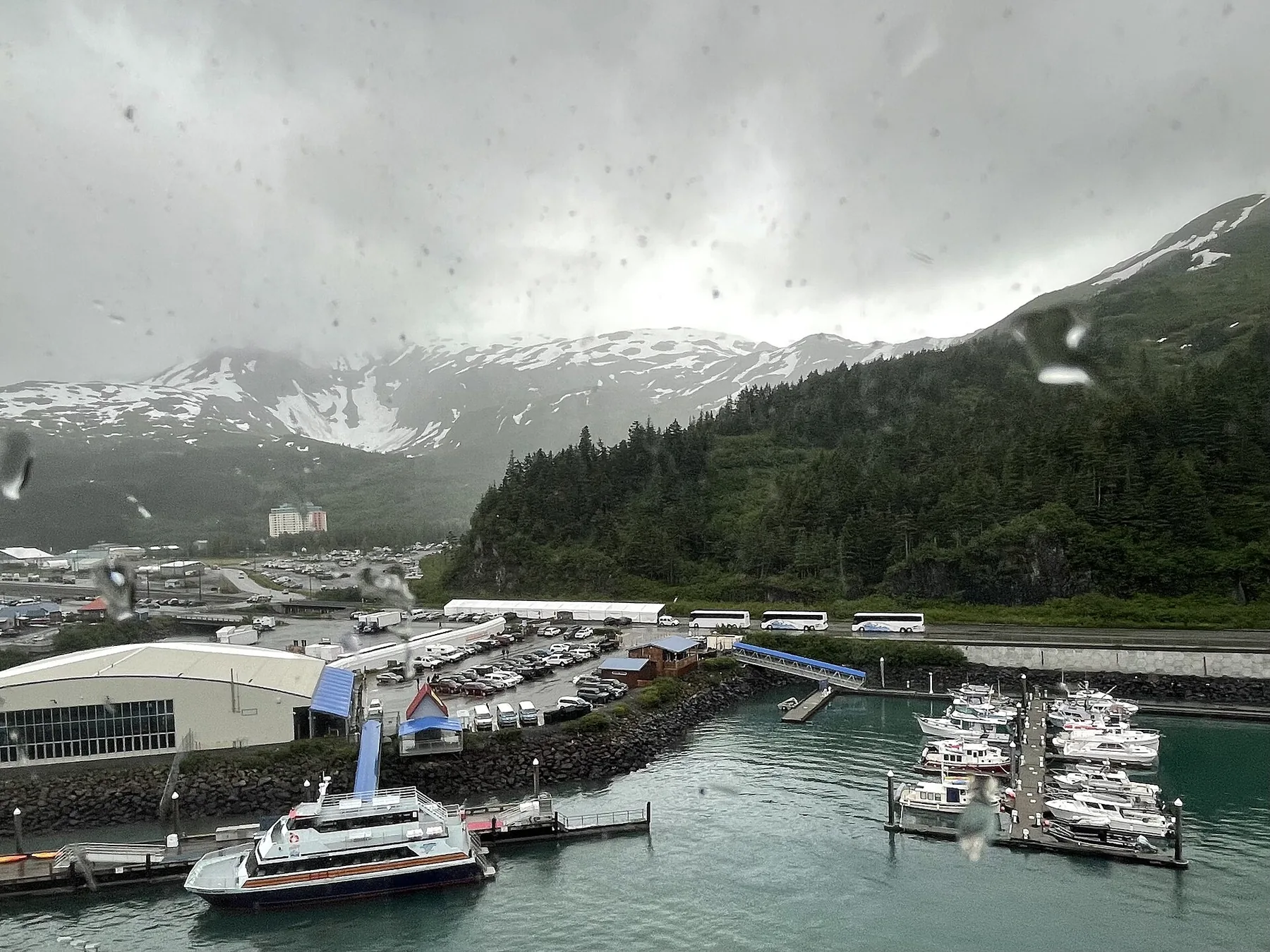 Whittier, Alaska. There is no depot in Whittier. Trains load and off-load passengers in the white tented area across from the cruise ship terminal and the marina.jpg